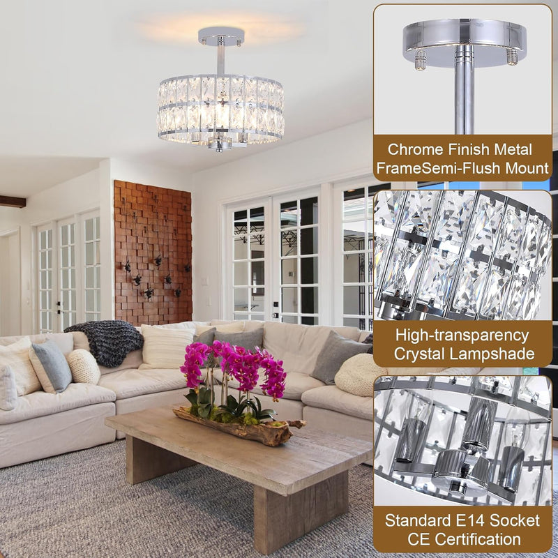 Crystal Ceiling Lights 3-Light Chrome Living Room Modern