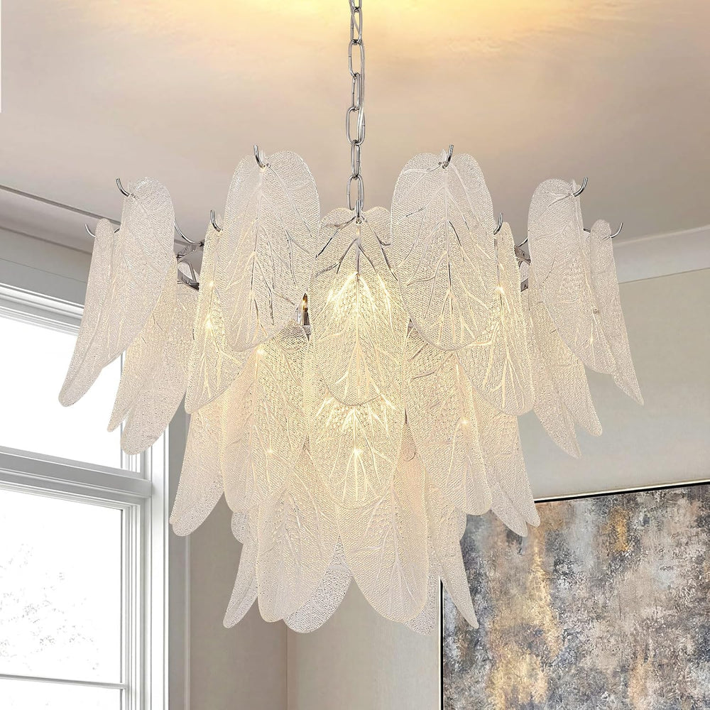 Leaf Textured Glass Chandelier Chrome Pendant for Dining
