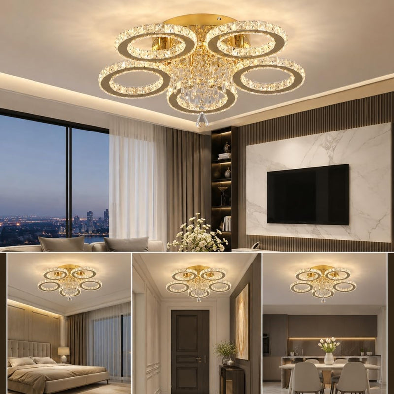 Crystal Chandelier Flush Mount Light Dining Room Tri-Colour