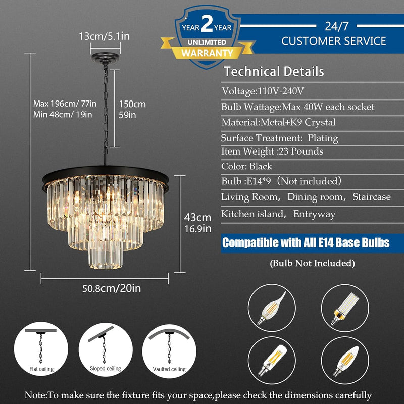 Crystal Chandeliers for Dining Room 9-Lights D20 Inch