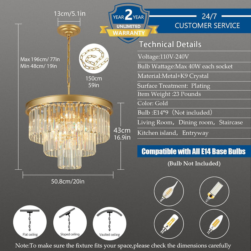 Crystal Chandeliers for Dining Room 9-Lights D20 Inch