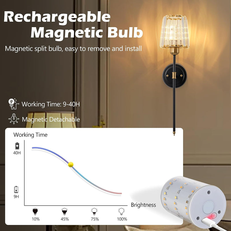 Crystal Rechargeable Wall Sconce Set of Two Battery