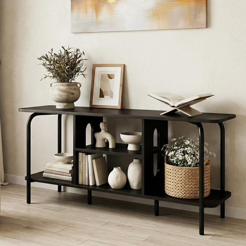 Curved Metal Frame TV Stand with 2-Tier Middle