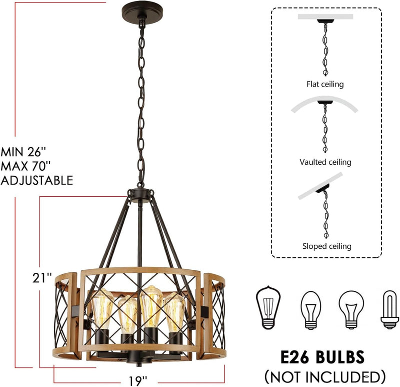 D19'' Farmhouse Chandelier for Dining Room 4-Light Adjustable