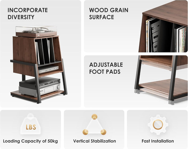 Design Record Player Stand 4-Tier Wooden Shelves Turntable