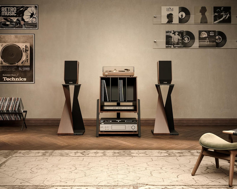 Design Record Player Stand 4-Tier Wooden Shelves Turntable