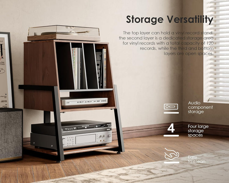 Design Record Player Stand 4-Tier Wooden Shelves Turntable