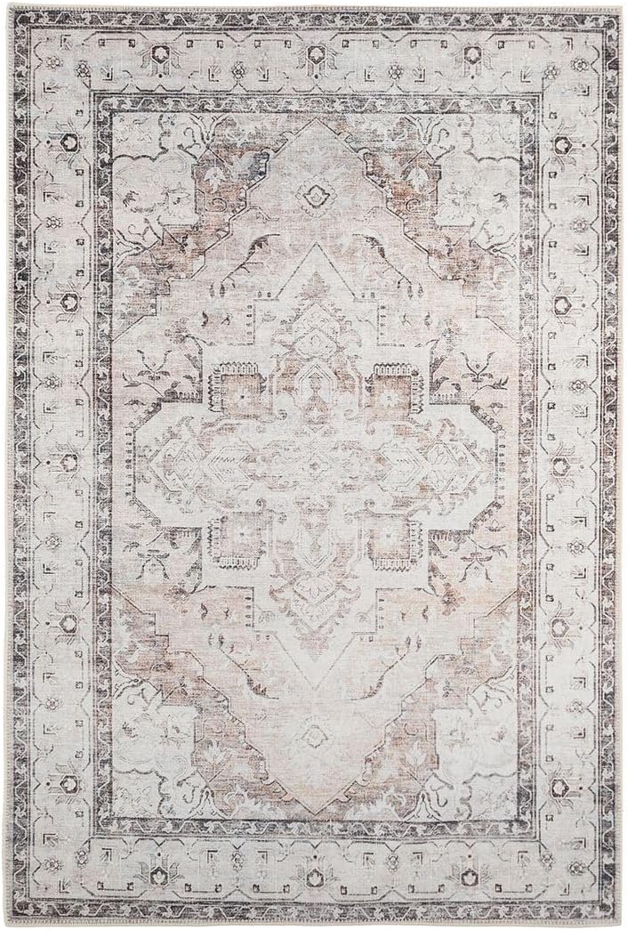 Distressed Tribal Style Neutral Cotton Area Rug Machine