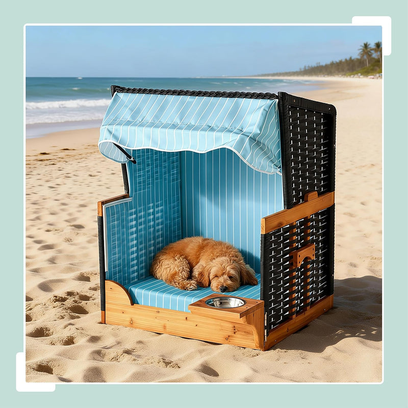 Dog Beach Chair with Rattan Frame Canopy Bowl