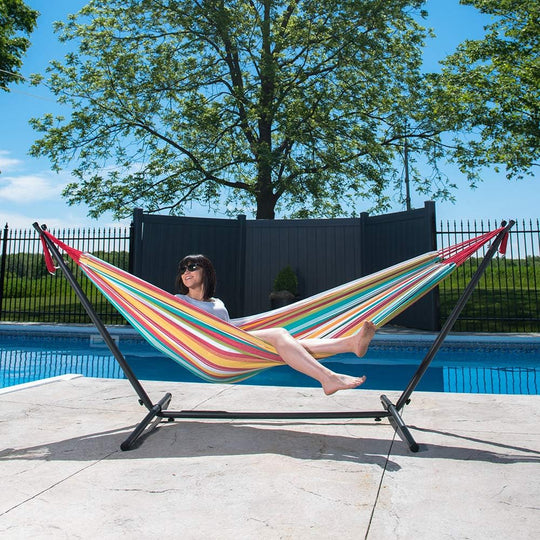 Double Cotton Hammock with Space-Saving Steel Stand