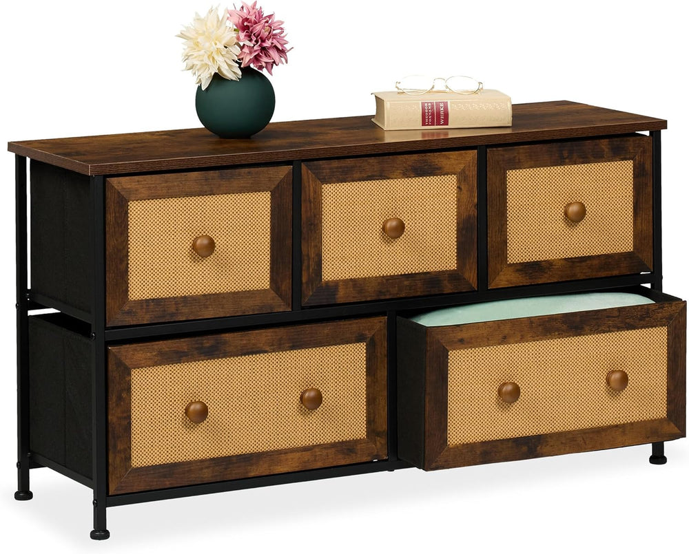 Dresser 5 Fabric Drawers Rattan Look Storage Hallway