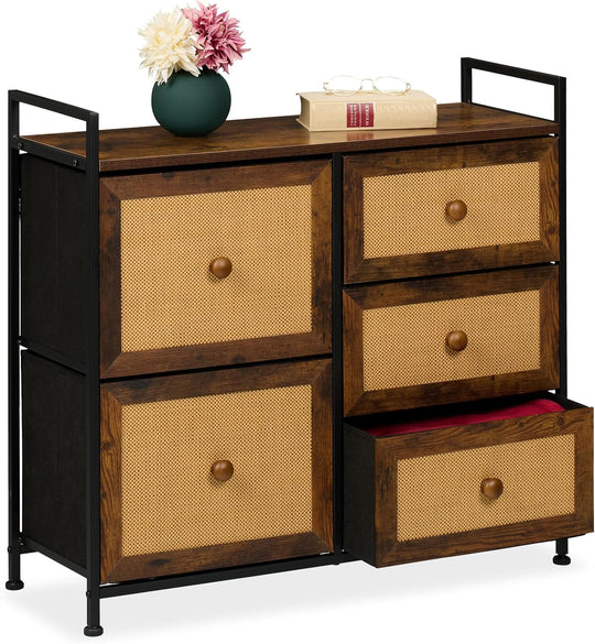 Dresser 5 Fabric Drawers Rattan Look Storage Hallway