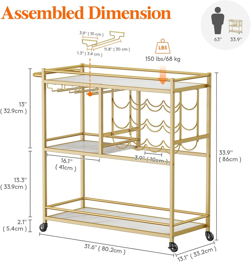 3 Tier Drinks Trolley with Lockable Wheels Rustic
