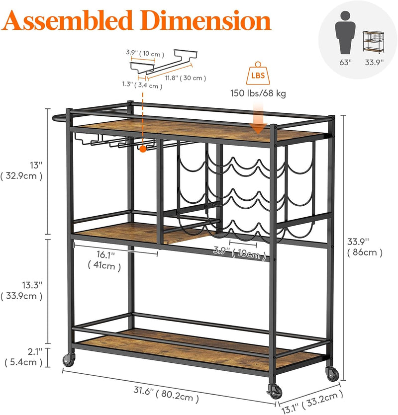 3 Tier Drinks Trolley with Lockable Wheels Rustic