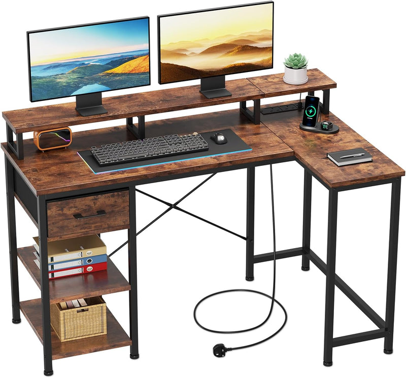 L Shaped Desk with Power Outlet Corner Computer