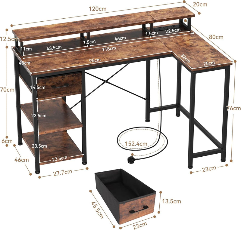L Shaped Desk with Power Outlet Corner Computer