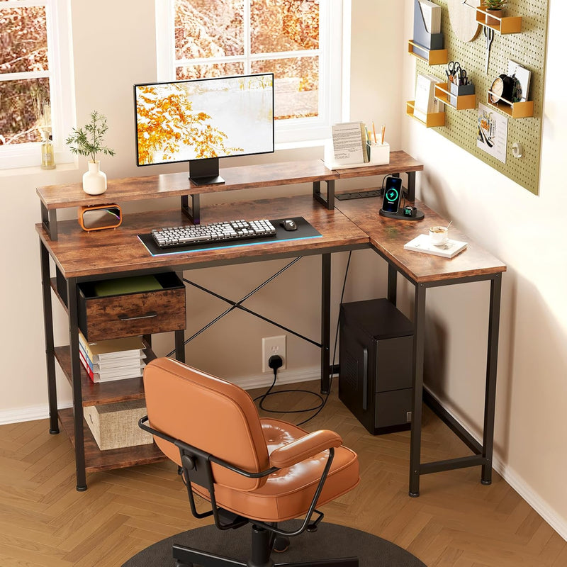 L Shaped Desk with Power Outlet Corner Computer
