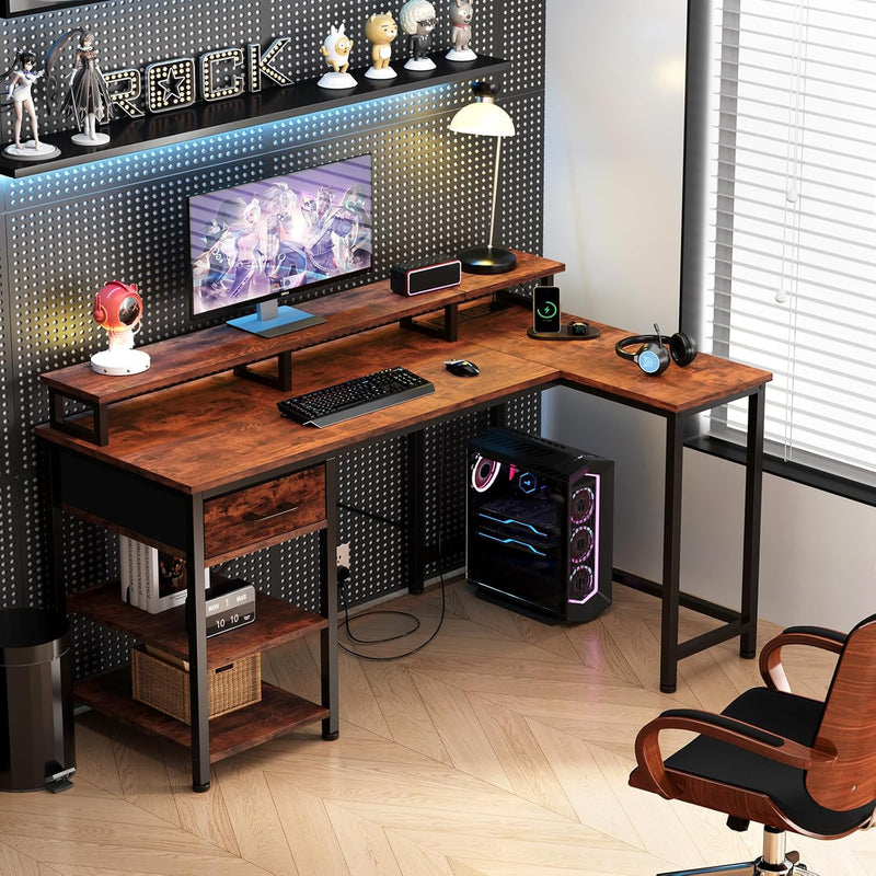 L Shaped Desk with Power Outlet Corner Computer