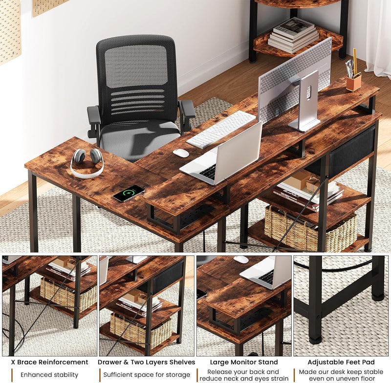 L Shaped Desk with Power Outlet Corner Computer