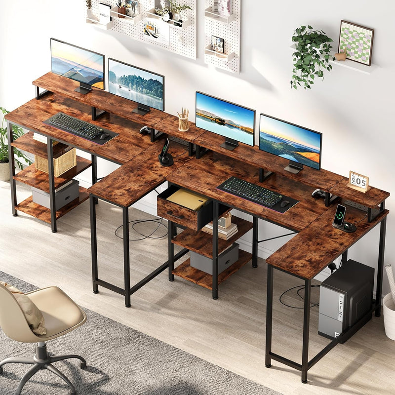 L Shaped Desk with Power Outlet Corner Computer