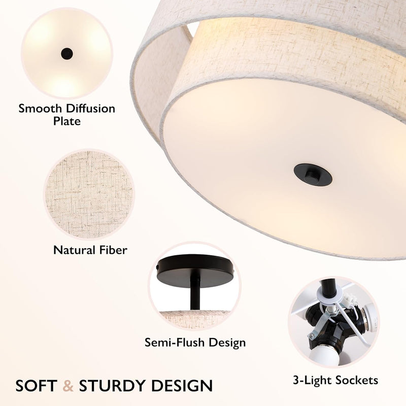 Dual Drum 3-Light Semi Flush Mount Ceiling Light