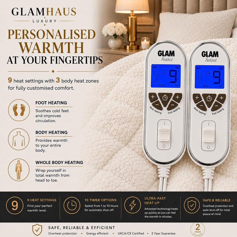 Electric Blanket Luxurious Diamond-Quilted Sherpa Fleece 9 Heat
