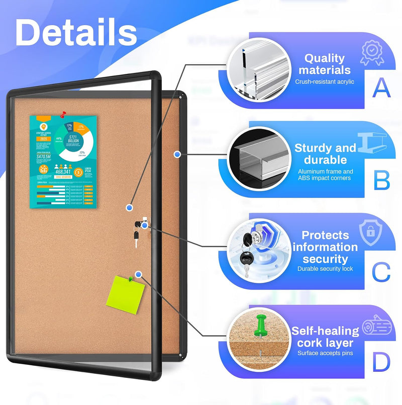 Enclosed Cork Bulletin Board Tamper-Proof Dispaly Case Aluminium