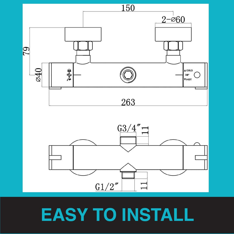 T33 Chrome Thermostatic Shower Mixer Bar Valve