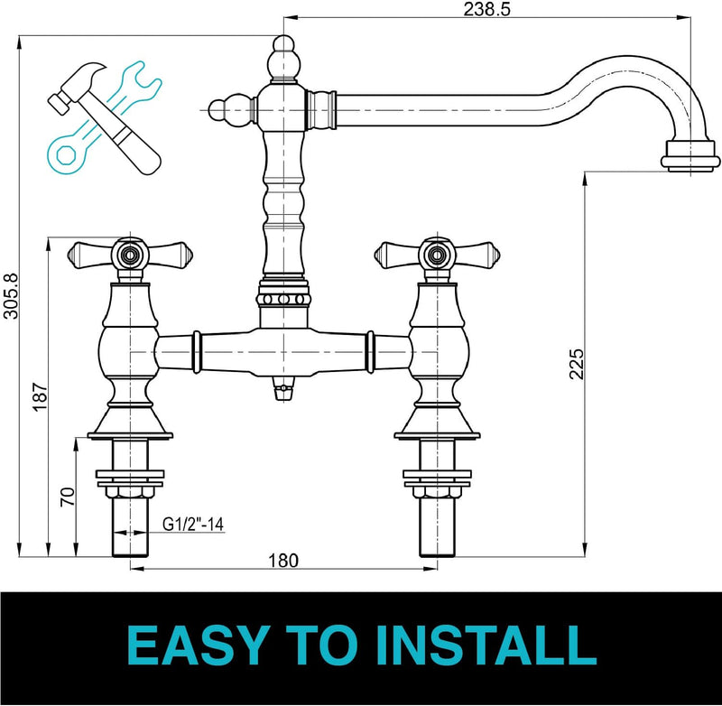 Langley Brushed Nickel Traditional Bridge Kitchen Sink Mixer