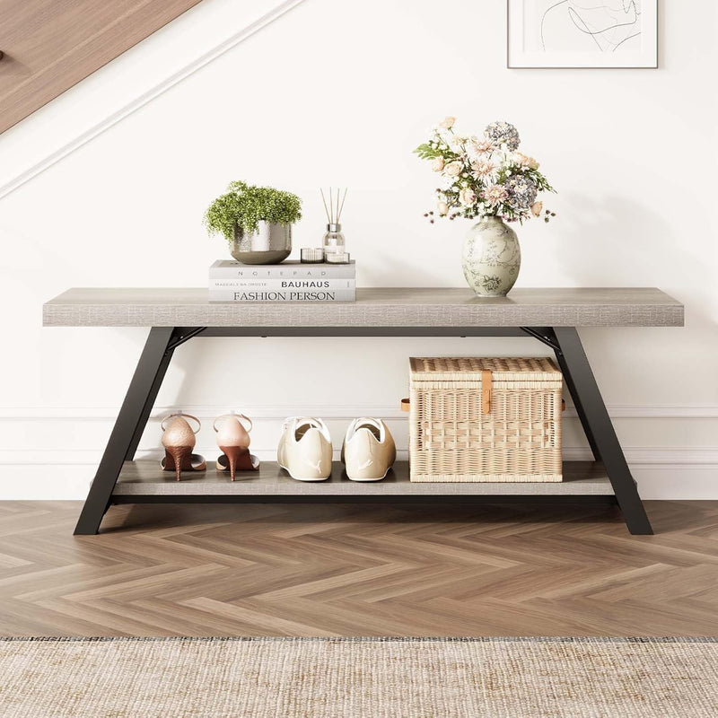 Entryway Bench with Storage Industrial Wood Metal