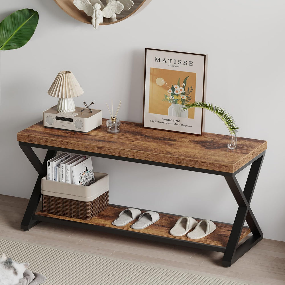 Entryway Bench with Storage Industrial Wood Metal