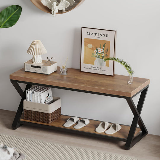 Entryway Bench with Storage Industrial Wood Metal