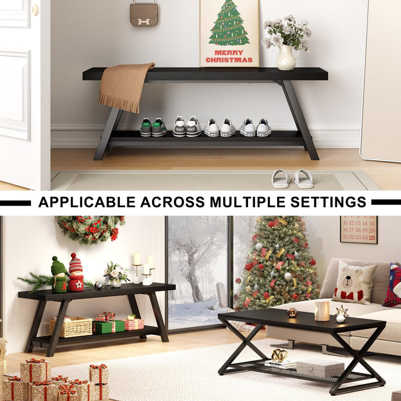 Entryway Bench with Storage Industrial Wood Metal