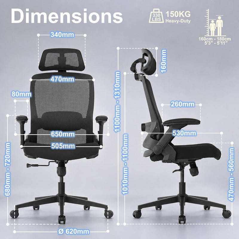 Ergonomic Office Chair 2d Flip-Up Armrests Small Spaces