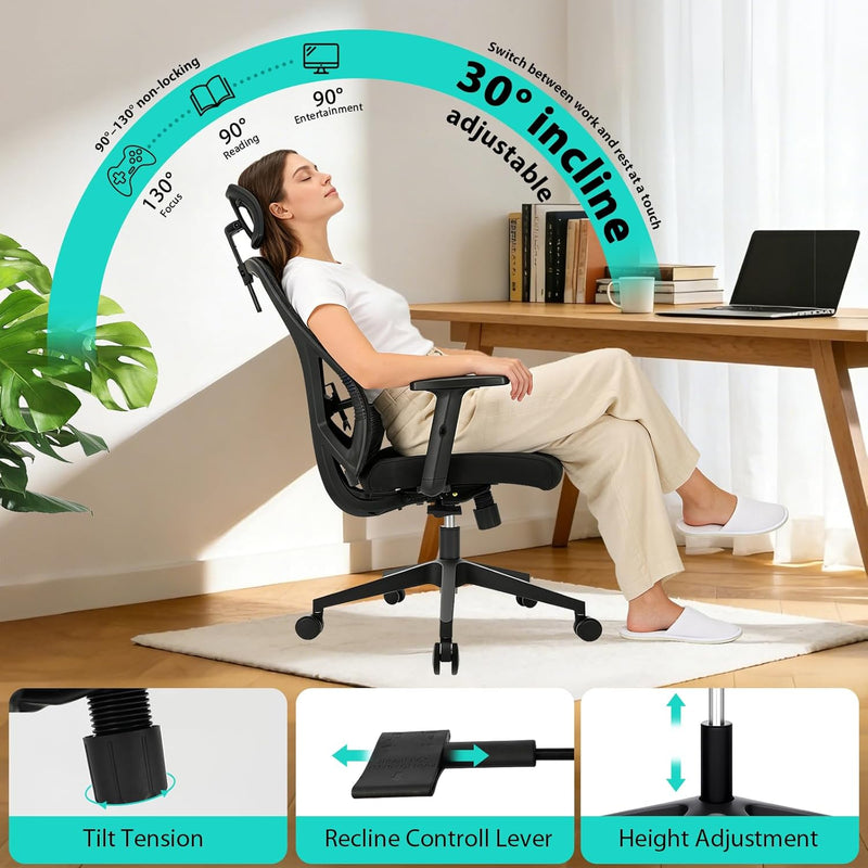 Ergonomic Office Chair Desk with Adjustable Lumbar Headrest
