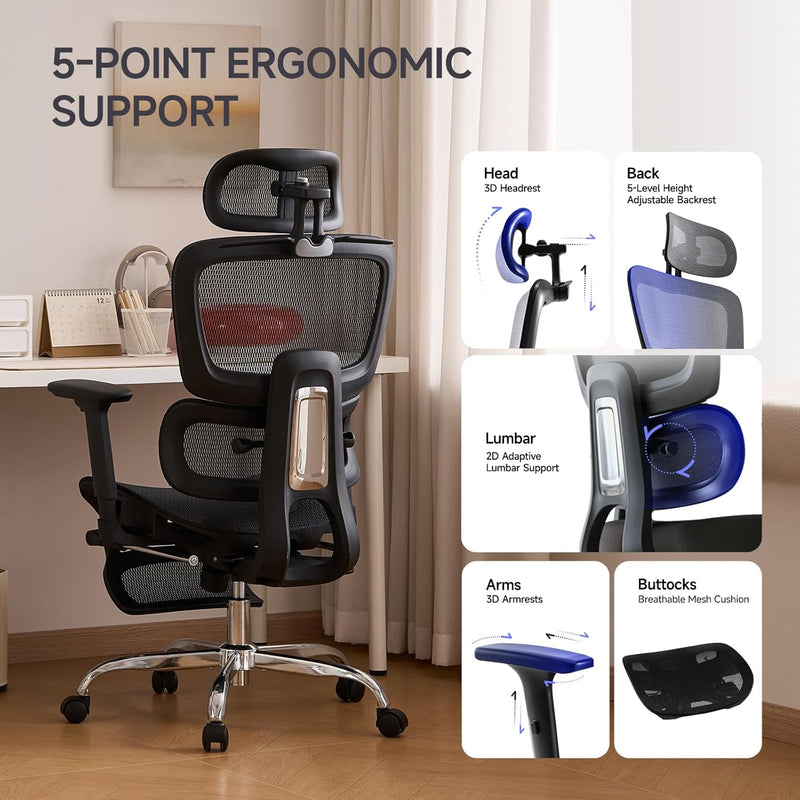 Ergonomic Office Chair with Footrest 5-Level Height Adjustable