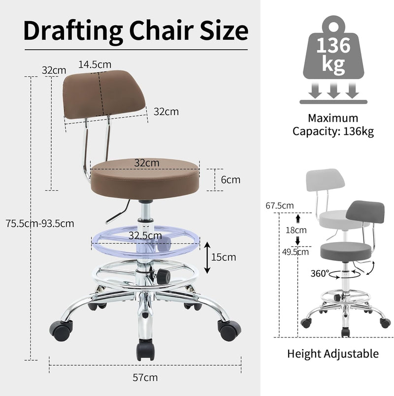 Ergonomic Rolling Office Stool Chair with Backrest Swivel
