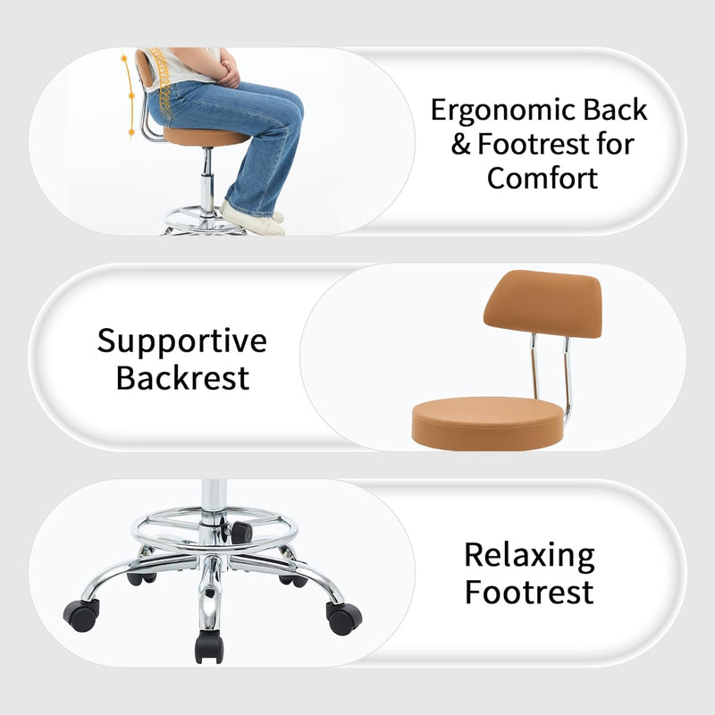 Ergonomic Rolling Office Stool Chair with Backrest Swivel