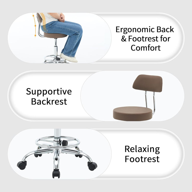 Ergonomic Rolling Office Stool Chair with Backrest Swivel