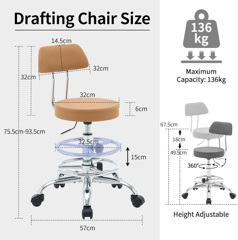 Ergonomic Rolling Office Stool Chair with Backrest Swivel