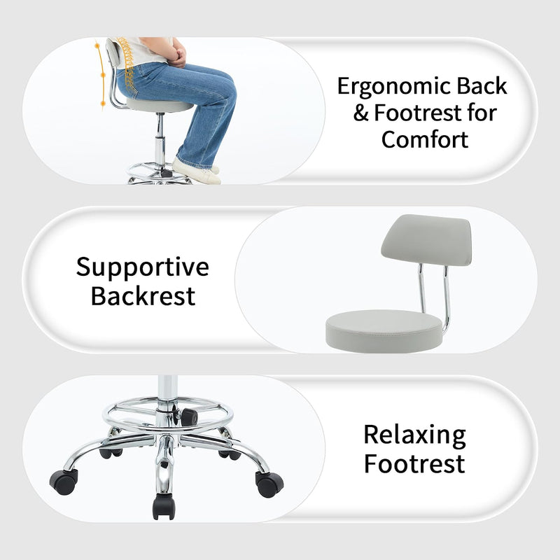 Ergonomic Rolling Office Stool Chair with Backrest Swivel