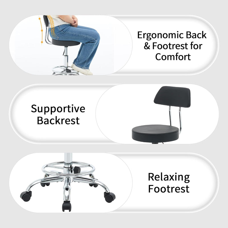 Ergonomic Rolling Office Stool Chair with Backrest Swivel