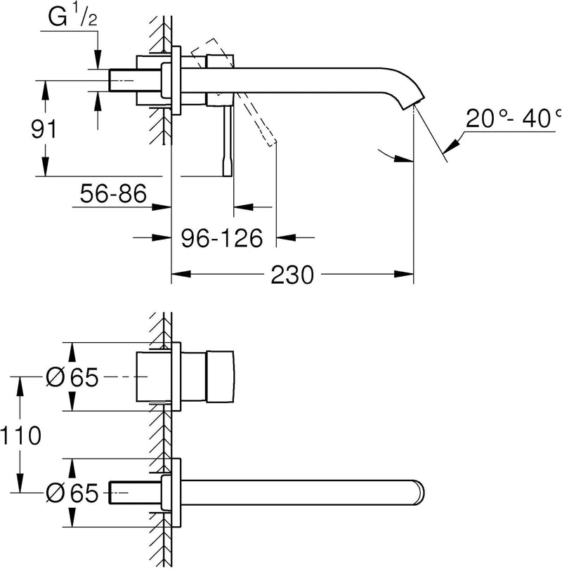Essence Wall Mounted 2 Hole Basin Mixer Tap