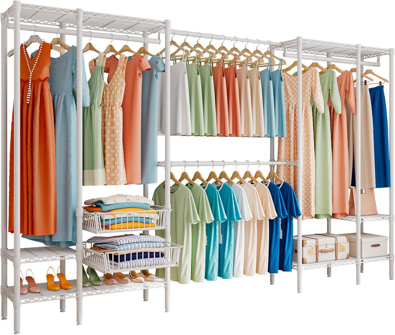 Extendable Clothes Rails Coat Stand with Pull-Out Baskets