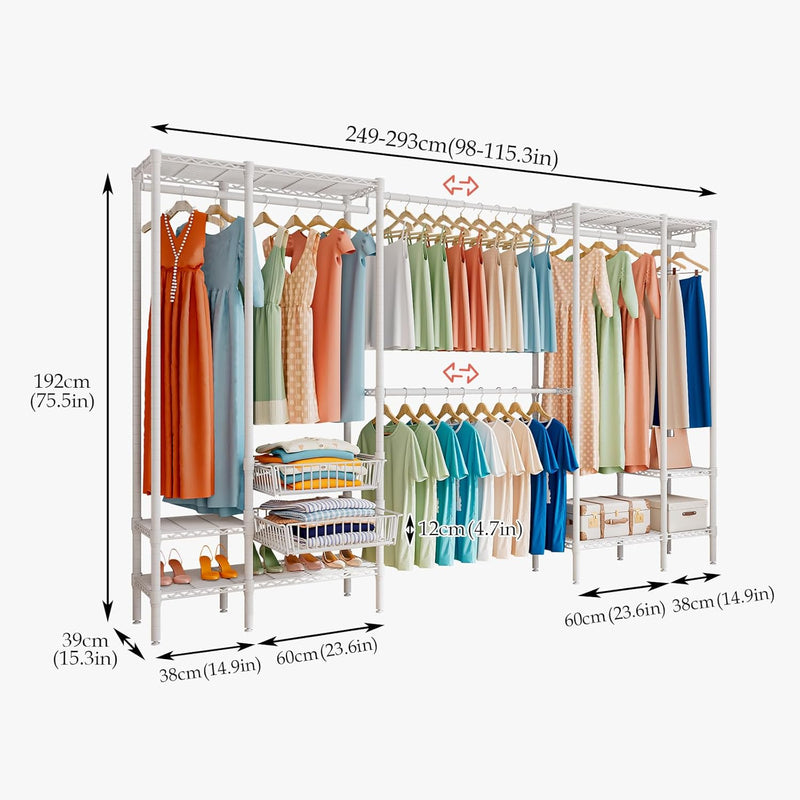 Extendable Clothes Rails Coat Stand with Pull-Out Baskets