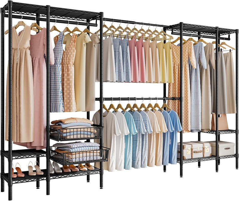 Extendable Clothes Rails Coat Stand with Pull-Out Baskets