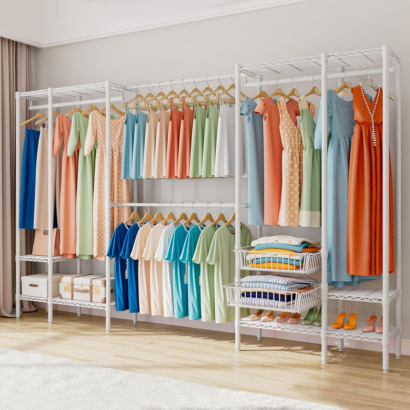 Extendable Clothes Rails Coat Stand with Pull-Out Baskets