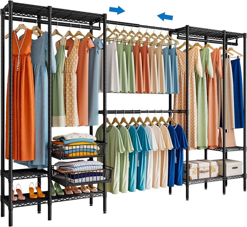Extendable Clothes Rails Coat Stand with Pull-Out Baskets