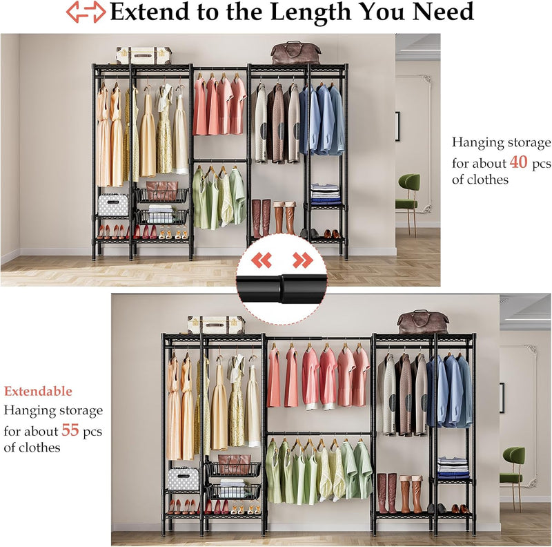 Extendable Clothes Rails Coat Stand with Pull-Out Baskets