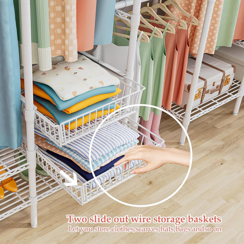 Extendable Clothes Rails Coat Stand with Pull-Out Baskets
